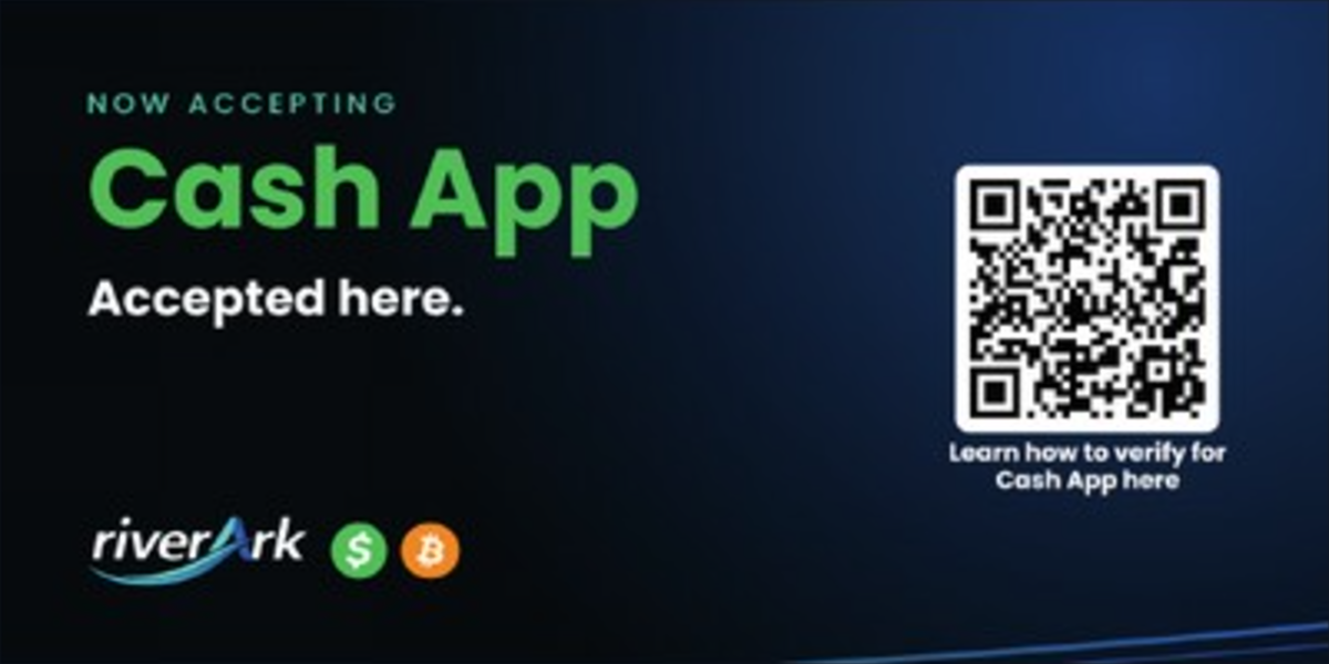 riverArk register sticker reading Now accepting Cash App, Accepted here, with a QR code